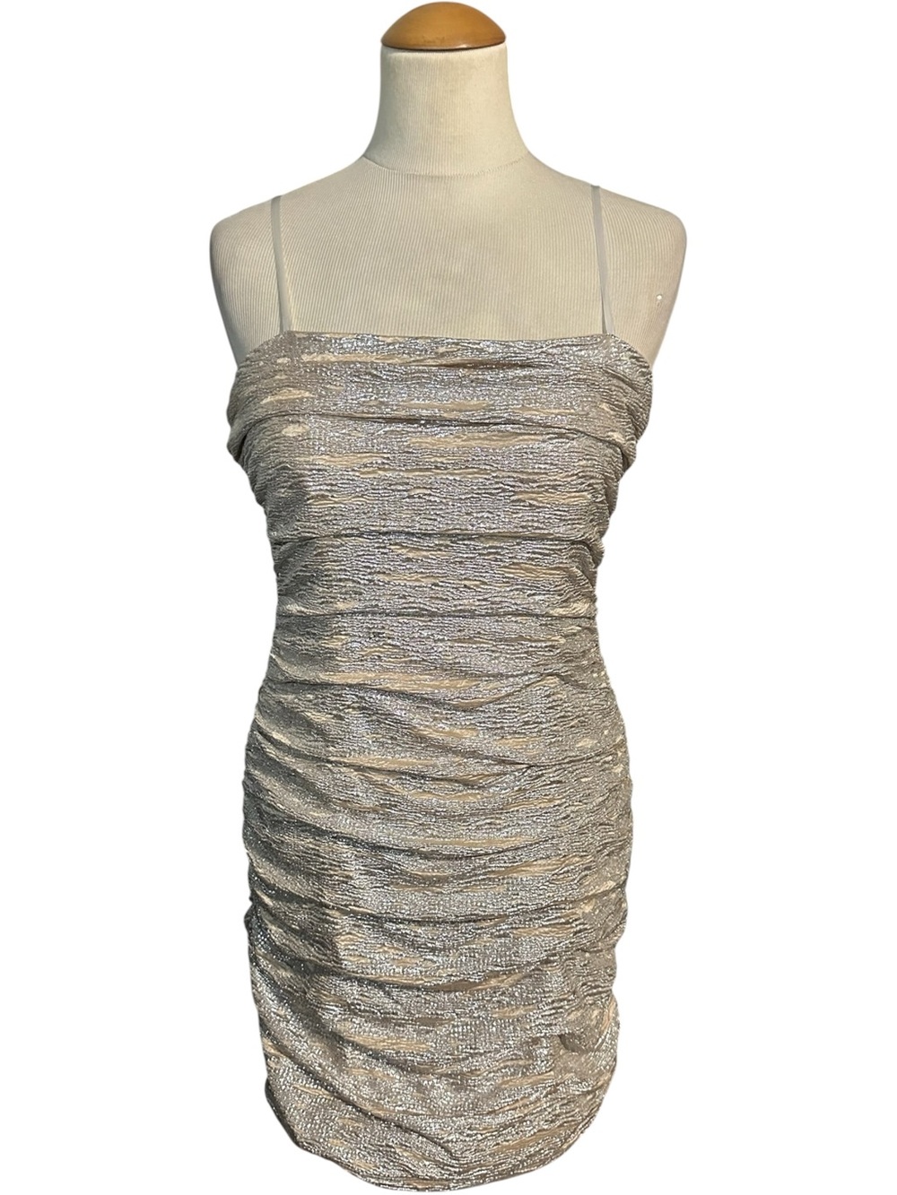 City Triangles Metallic Ruched Spaghetti-Strap Mini Dress Silver Size L